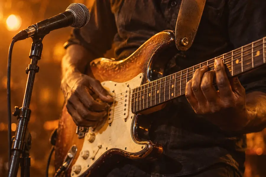 Hands playing an electric guitar beside a microphone under warm stage light